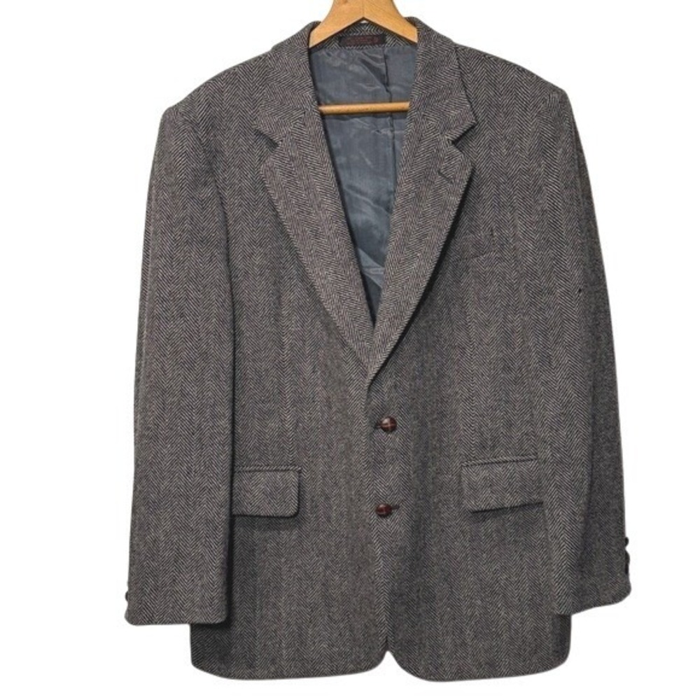 Vintage 100% Wool English Manor Tweed‎ Herringbone Blazer Black Jacket Men's
